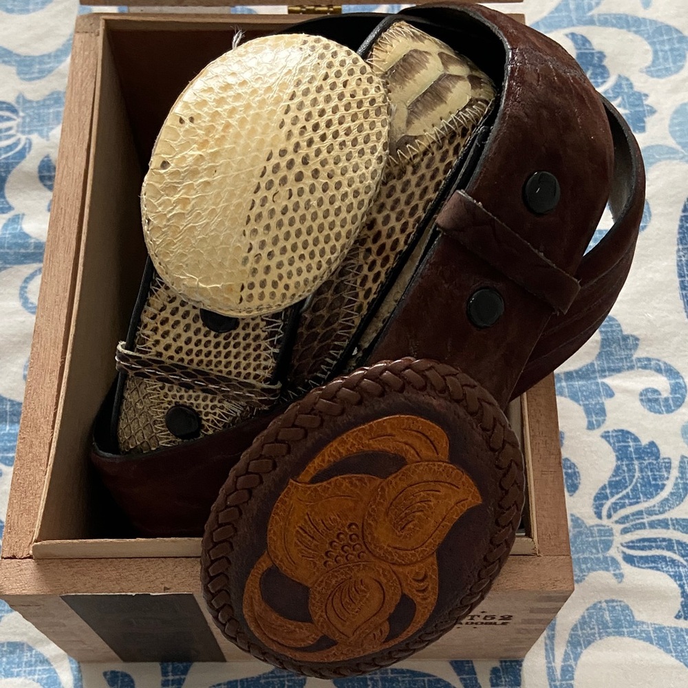 Vintage Brown and Tan Leather Belts with Snake Skin Accents two vintage 36 inch
